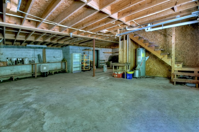 unfinished below grade area featuring concrete block wall and electric water heater