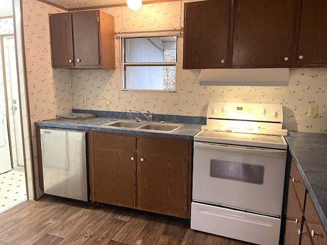 kitchen with dishwashing machine, sink, dark wood-type flooring, white range with electric cooktop, and extractor fan