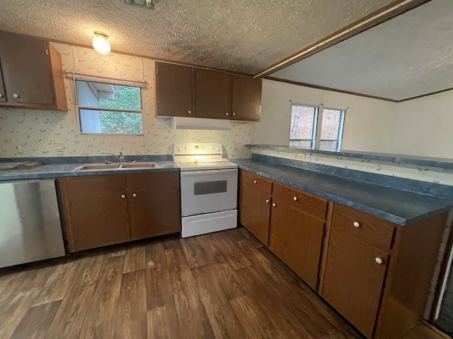 kitchen featuring sink, white electric stove, stainless steel dishwasher, a textured ceiling, and dark hardwood / wood-style flooring