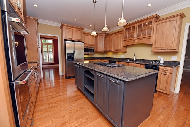 1507 Cedar View Ln, Hiawassee, GA 30546 - kitchen featuring a kitchen island, open shelves, black appliances, light wood-style floors, and recessed lighting