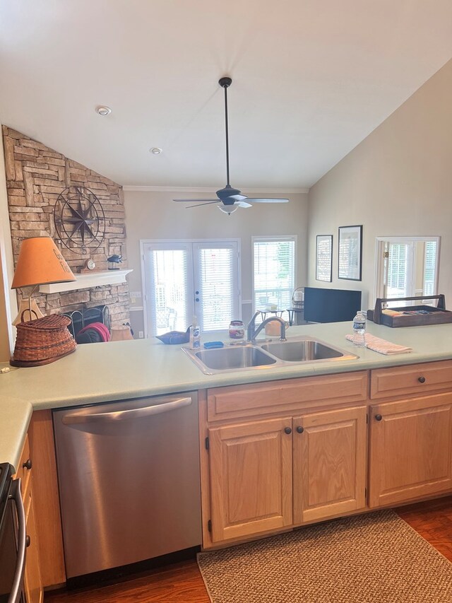 kitchen featuring vaulted ceiling, a fireplace, stainless steel appliances, sink, and hardwood / wood-style flooring