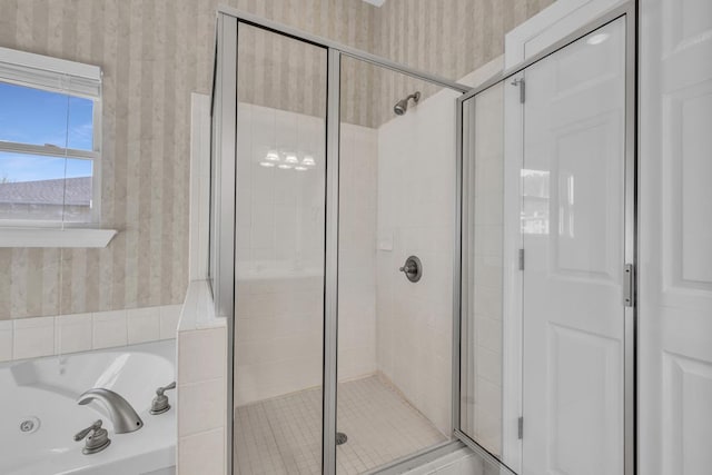 1647-8H Lakeview Dr, Young Harris, GA 30582 - bathroom with a whirlpool tub, wallpapered walls, and a shower stall