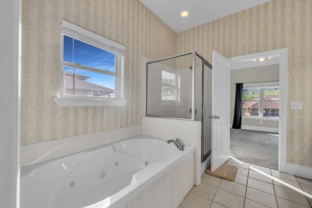 1647-8H Lakeview Dr, Young Harris, GA 30582 - bathroom with tile patterned flooring, a shower stall, a tub with jets, baseboards, and wallpapered walls