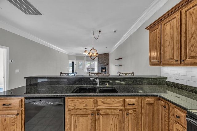 1647-8H Lakeview Dr, Young Harris, GA 30582 - kitchen with a sink, dishwasher, brown cabinetry, decorative backsplash, and visible vents