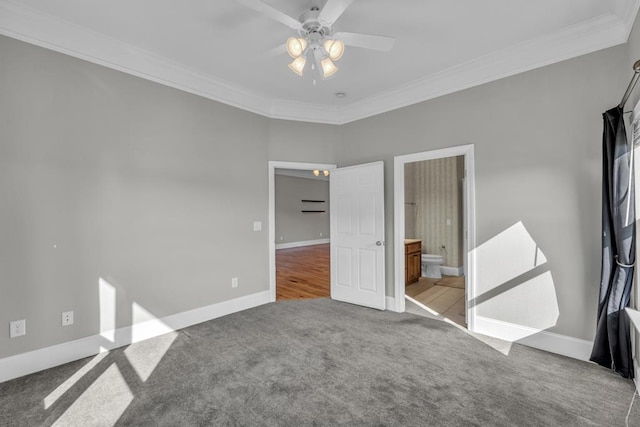 1647-8H Lakeview Dr, Young Harris, GA 30582 - unfurnished bedroom with ornamental molding, baseboards, a ceiling fan, carpet, and ensuite bath