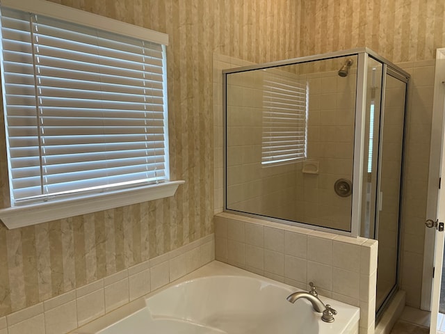 1647-8H Lakeview Dr, Young Harris, GA 30582 - bathroom featuring a garden tub, a stall shower, and wallpapered walls