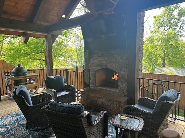 610 E Second St, Blue Ridge, GA 30513 - view of patio / terrace featuring an outdoor stone fireplace, a deck, and area for grilling