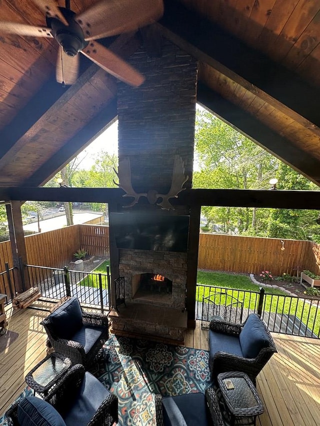 610 E Second St, Blue Ridge, GA 30513 - deck featuring a fenced backyard, ceiling fan, and an outdoor living space with a fireplace