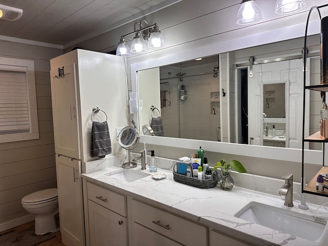 610 E Second St, Blue Ridge, GA 30513 - full bathroom featuring double vanity, a stall shower, wood ceiling, and wooden walls