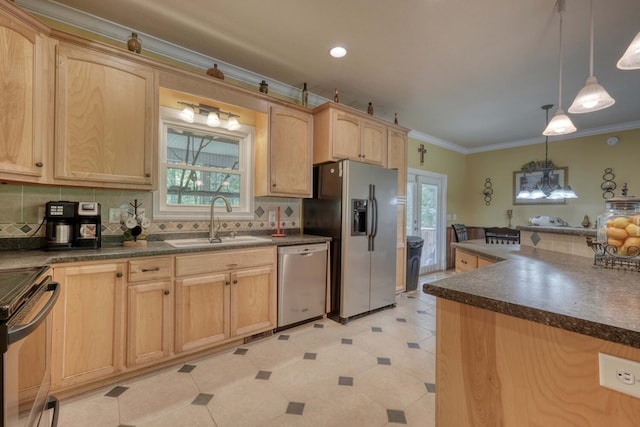 kitchen with sink, appliances with stainless steel finishes, ornamental molding, decorative light fixtures, and light brown cabinets