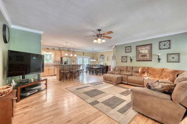 living room featuring ceiling fan, light hardwood / wood-style flooring, ornamental molding, and a textured ceiling