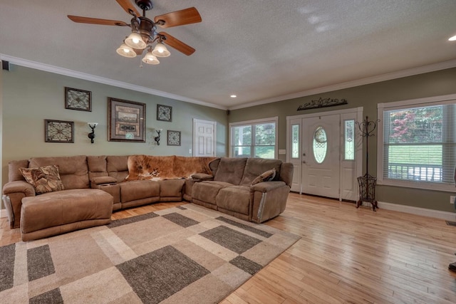 living room with ornamental molding, a textured ceiling, and light wood-type flooring