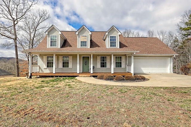 cape cod house with a shingled roof, a front lawn, a porch, a garage, and driveway