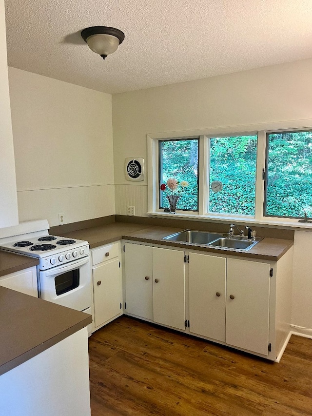 kitchen featuring dark hardwood / wood-style floors, electric stove, sink, and white cabinets