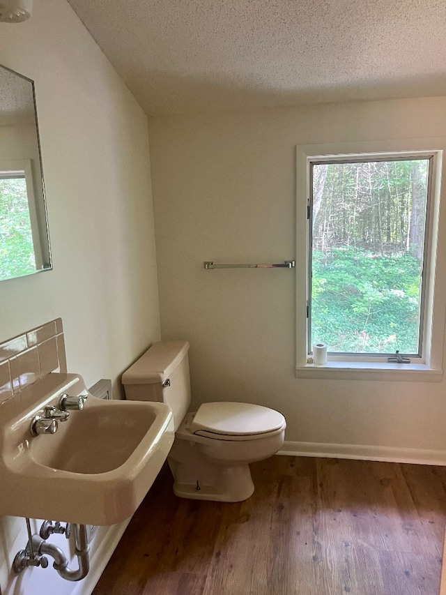 bathroom with a textured ceiling, toilet, sink, and hardwood / wood-style flooring