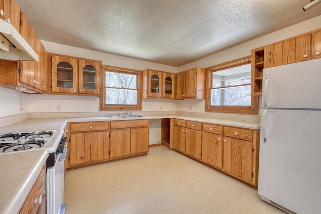 kitchen with white appliances, light floors, a sink, light countertops, and under cabinet range hood