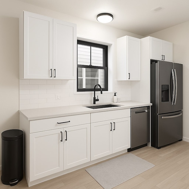 kitchen with appliances with stainless steel finishes, a sink, backsplash, white cabinets, and light wood finished floors