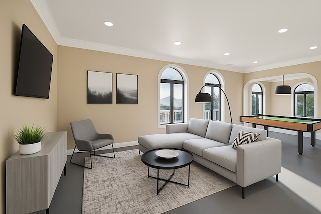 living area featuring ornamental molding, recessed lighting, baseboards, and pool table