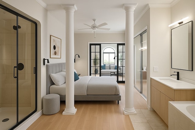 full bath featuring ceiling fan, ensuite bathroom, ornamental molding, wood finished floors, and a stall shower