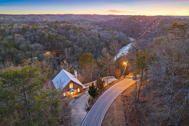 view of subject property with a heavily wooded area