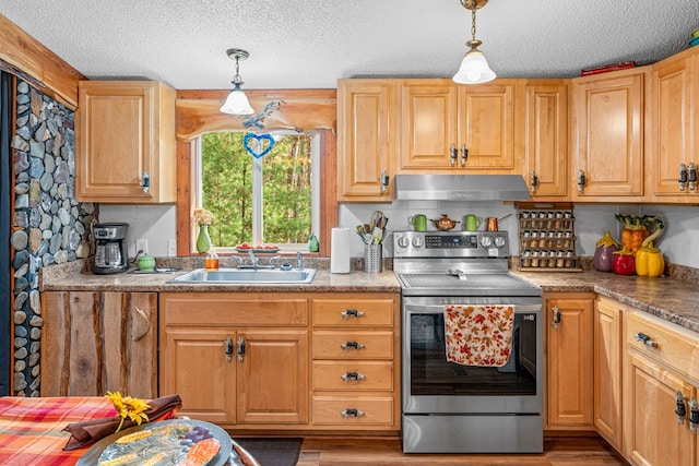 kitchen featuring decorative light fixtures, a sink, stainless steel electric range, and exhaust hood