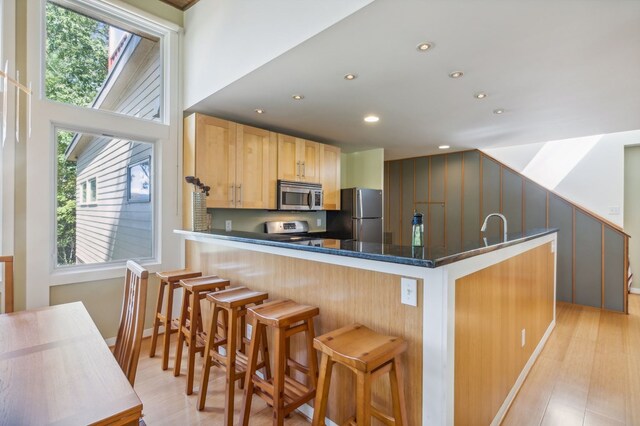 kitchen featuring a kitchen breakfast bar, a wealth of natural light, stainless steel appliances, and light hardwood / wood-style floors