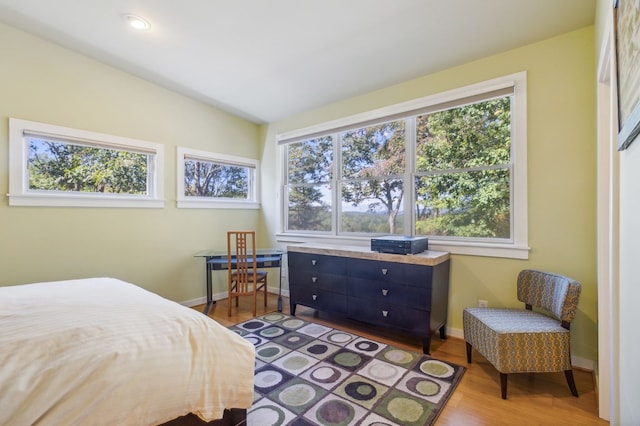 bedroom with hardwood / wood-style floors, vaulted ceiling, and multiple windows