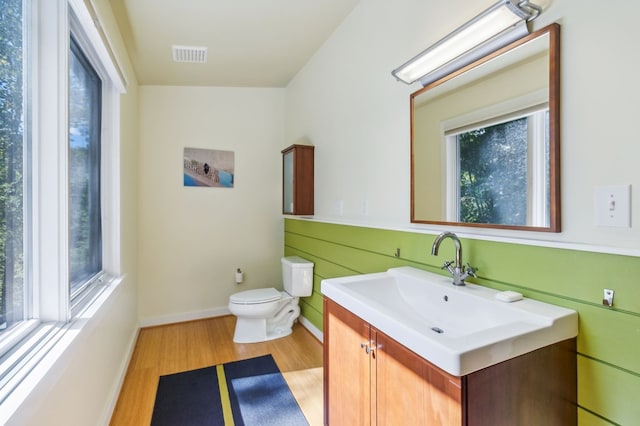 bathroom with hardwood / wood-style floors, vanity, and toilet