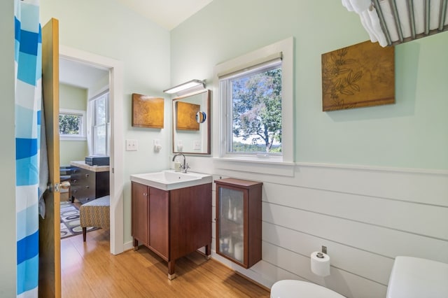 bathroom with vanity, hardwood / wood-style flooring, toilet, and wooden walls