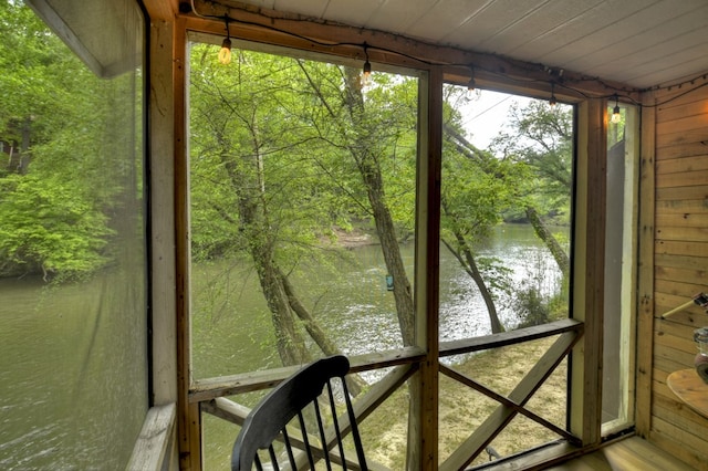 entryway featuring wooden walls and a water view