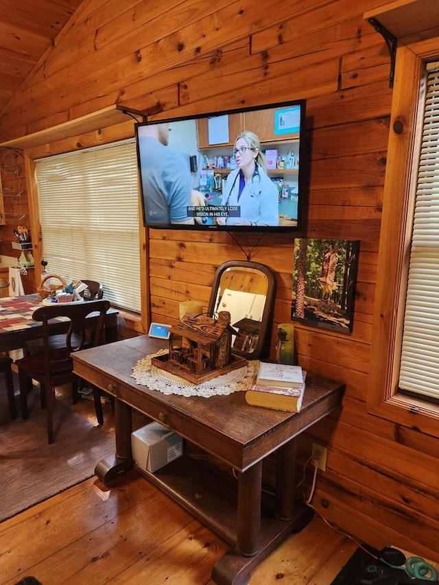 29 River Ranch Rd, Ellijay, GA 30540 - dining space featuring wood walls, wood-type flooring, and lofted ceiling