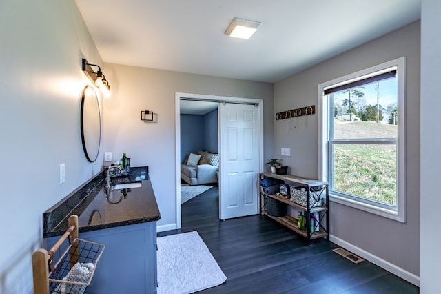 interior space with visible vents, baseboards, a sink, and wood finished floors