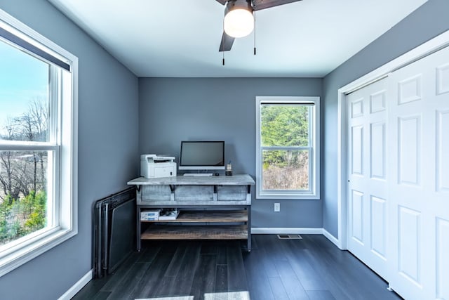 office featuring dark wood-style floors, visible vents, a ceiling fan, and baseboards