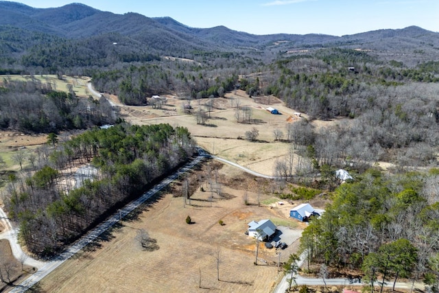 drone / aerial view with a rural view, a mountain view, and a view of trees