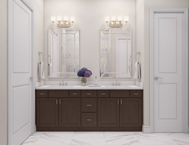 bathroom featuring vanity and a chandelier