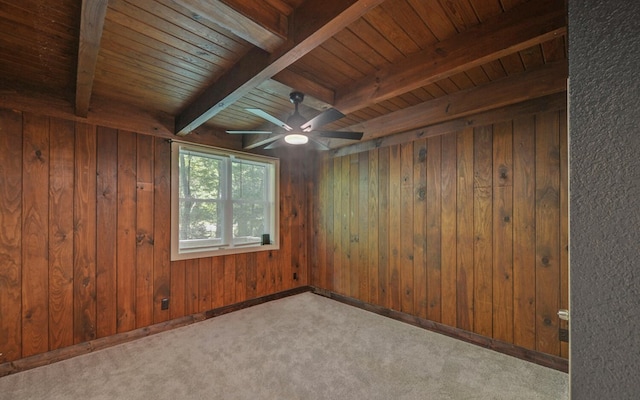 469 Hidden Valley Dr, Morganton, GA 30560 - empty room featuring ceiling fan, wooden walls, carpet, and wood ceiling with exposed beams