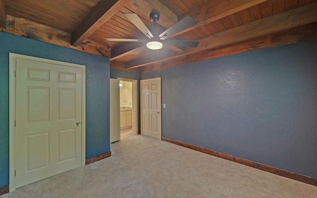 469 Hidden Valley Dr, Morganton, GA 30560 - unfurnished bedroom featuring wood ceiling with exposed beams, carpet flooring, a textured wall, baseboards, and a ceiling fan