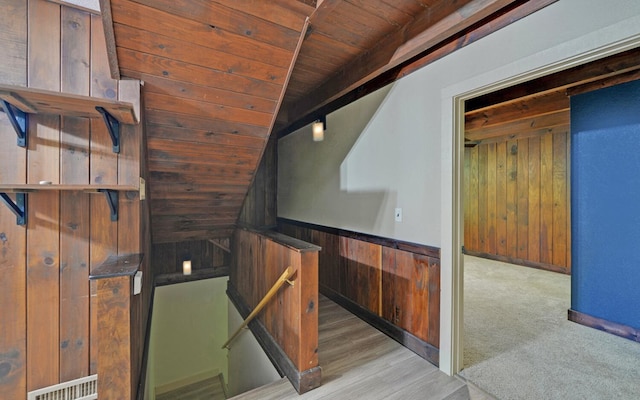 469 Hidden Valley Dr, Morganton, GA 30560 - staircase with wood ceiling, wooden walls, and wood finished floors