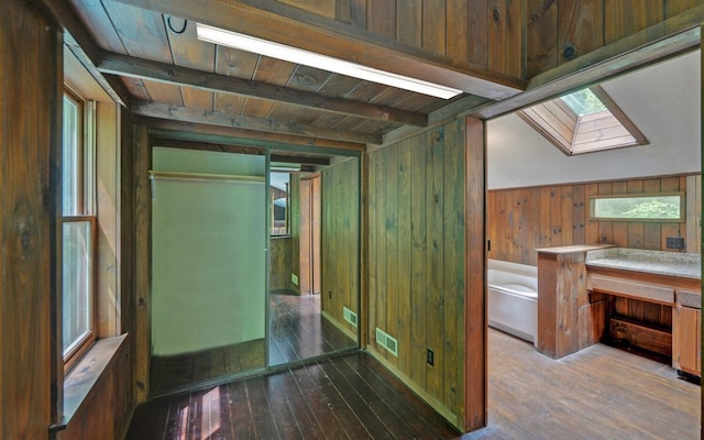 469 Hidden Valley Dr, Morganton, GA 30560 - interior space with wooden walls, a skylight, hardwood / wood-style flooring, and wood ceiling with exposed beams