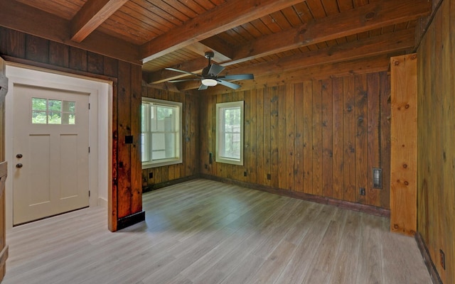 469 Hidden Valley Dr, Morganton, GA 30560 - unfurnished room with light wood-style flooring, wooden walls, wooden ceiling with exposed beams, baseboards, and ceiling fan