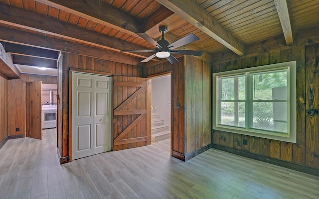 469 Hidden Valley Dr, Morganton, GA 30560 - empty room featuring wooden walls, wood finished floors, ceiling fan, washer / dryer, and wood ceiling with exposed beams