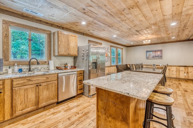 kitchen with a breakfast bar area, visible vents, a sink, wood ceiling, and appliances with stainless steel finishes