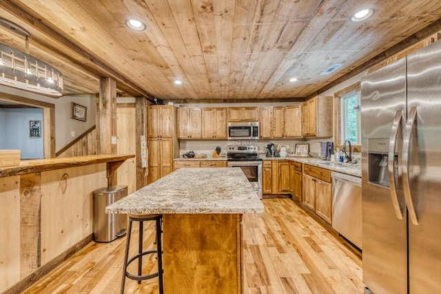 kitchen featuring a sink, appliances with stainless steel finishes, recessed lighting, and wood ceiling