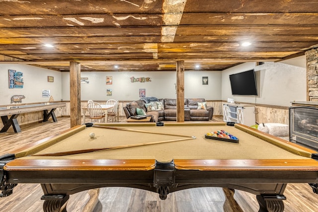 playroom with pool table, wood finished floors, and wainscoting