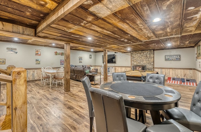 playroom with wainscoting, wood ceiling, and wood walls