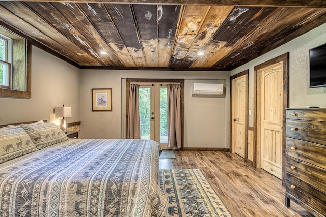 bedroom with wooden ceiling, multiple windows, wood finished floors, and a wall mounted AC