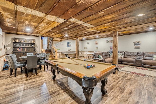 playroom with wood finished floors, billiards, and wood ceiling