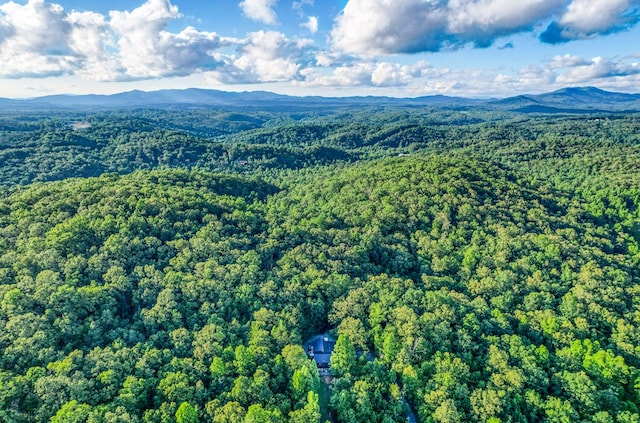 drone / aerial view featuring a mountain view and a view of trees