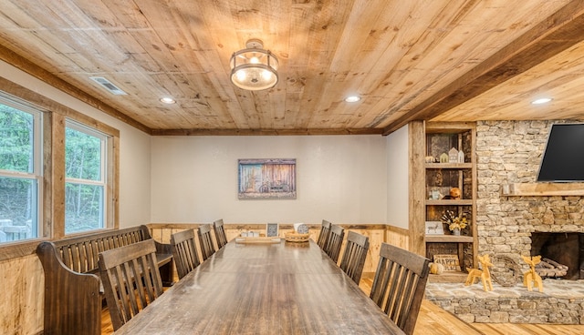 dining space featuring wood finished floors, recessed lighting, wood ceiling, and visible vents