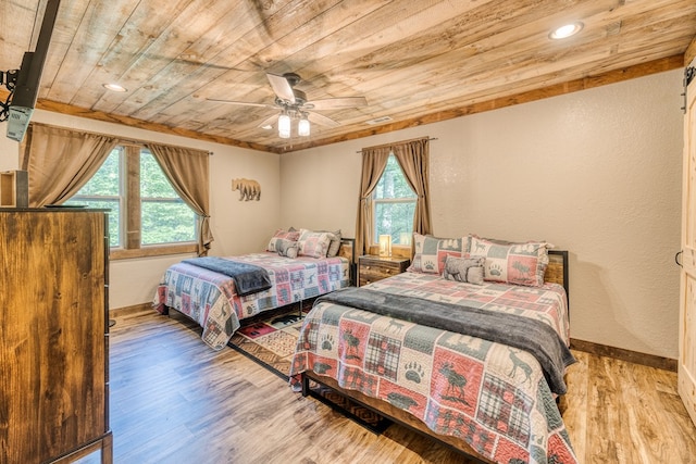 bedroom with a ceiling fan, wood finished floors, baseboards, recessed lighting, and wood ceiling